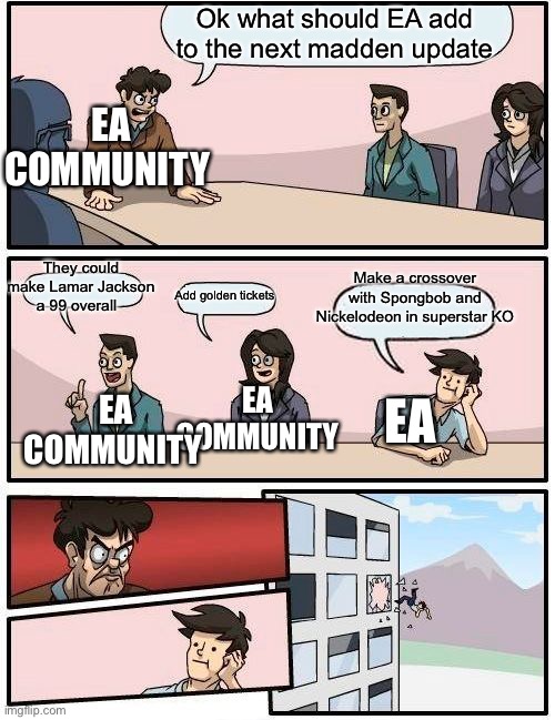 WE ALL HATE EA | Ok what should EA add to the next madden update; EA COMMUNITY; They could make Lamar Jackson a 99 overall; Make a crossover with Spongbob and Nickelodeon in superstar KO; Add golden tickets; EA COMMUNITY; EA COMMUNITY; EA | image tagged in memes,boardroom meeting suggestion | made w/ Imgflip meme maker