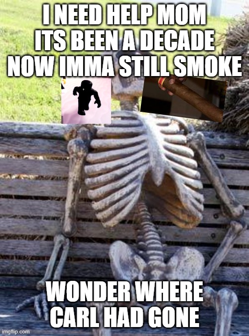 Waiting Skeleton | I NEED HELP MOM ITS BEEN A DECADE NOW IMMA STILL SMOKE; WONDER WHERE CARL HAD GONE | image tagged in memes,waiting skeleton | made w/ Imgflip meme maker