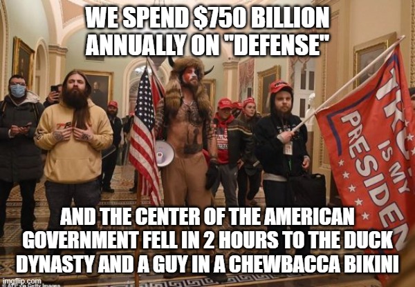 Government Defense | WE SPEND $750 BILLION ANNUALLY ON "DEFENSE"; AND THE CENTER OF THE AMERICAN GOVERNMENT FELL IN 2 HOURS TO THE DUCK DYNASTY AND A GUY IN A CHEWBACCA BIKINI | image tagged in defense,government,trump,duck dynasty,impeach,corrupt | made w/ Imgflip meme maker