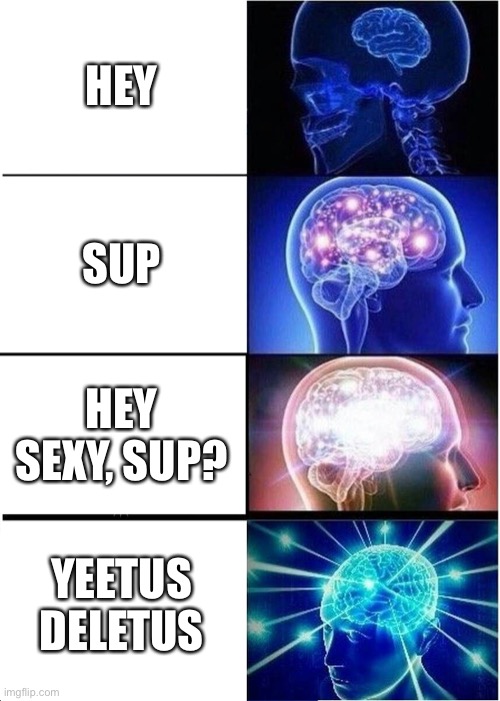 How to land the man/woman of your dreams | HEY; SUP; HEY SEXY, SUP? YEETUS DELETUS | image tagged in memes,expanding brain,true love,sexting,tips | made w/ Imgflip meme maker