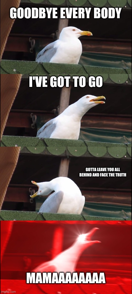 Inhaling Seagull Meme | GOODBYE EVERY BODY; I'VE GOT TO GO; GOTTA LEAVE YOU ALL BEHIND AND FACE THE TRUTH; MAMAAAAAAAA | image tagged in memes,inhaling seagull | made w/ Imgflip meme maker