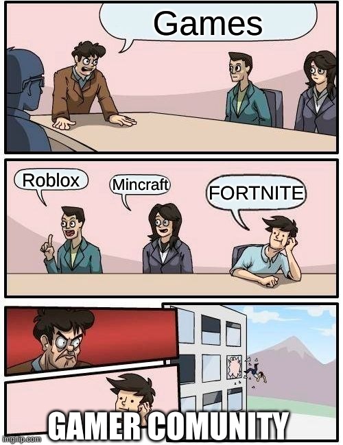 Boardroom Meeting Suggestion Meme | Games; Roblox; Mincraft; FORTNITE; GAMER COMUNITY | image tagged in memes,boardroom meeting suggestion | made w/ Imgflip meme maker