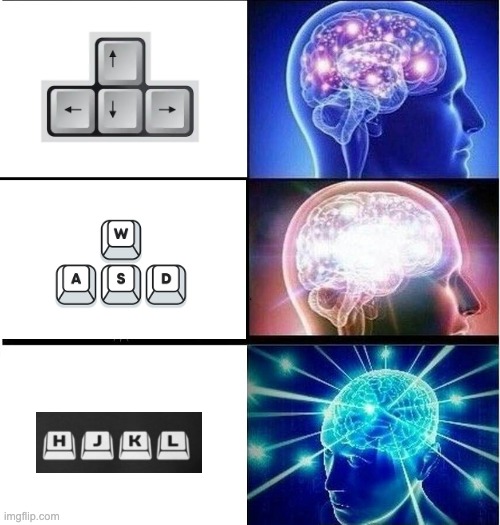 Legends use HJKL | image tagged in expanding brain 3 panels | made w/ Imgflip meme maker
