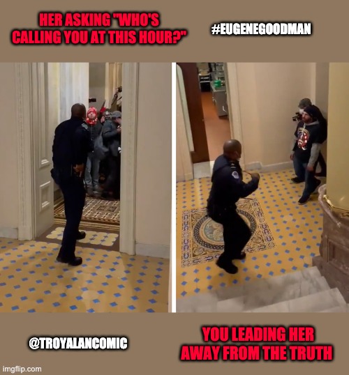 Misdirection | #EUGENEGOODMAN; HER ASKING "WHO'S CALLING YOU AT THIS HOUR?"; YOU LEADING HER AWAY FROM THE TRUTH; @TROYALANCOMIC | image tagged in funny memes,capitol hill | made w/ Imgflip meme maker