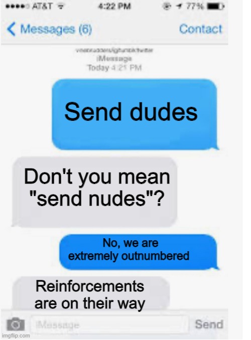 Send dudes |  Send dudes; Don't you mean "send nudes"? No, we are extremely outnumbered; Reinforcements are on their way | image tagged in blank text conversation | made w/ Imgflip meme maker