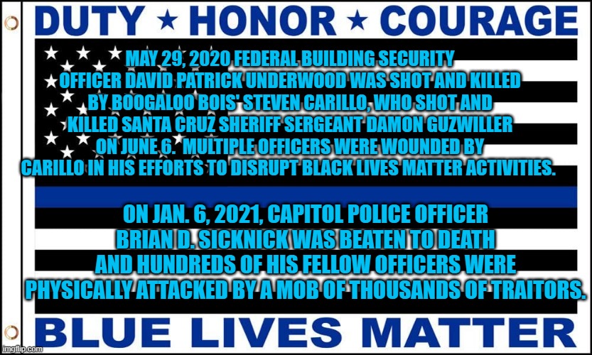 All Blue Lives Matter. | MAY 29, 2020 FEDERAL BUILDING SECURITY OFFICER DAVID PATRICK UNDERWOOD WAS SHOT AND KILLED BY BOOGALOO BOIS' STEVEN CARILLO, WHO SHOT AND KILLED SANTA CRUZ SHERIFF SERGEANT DAMON GUZWILLER ON JUNE 6.  MULTIPLE OFFICERS WERE WOUNDED BY CARILLO IN HIS EFFORTS TO DISRUPT BLACK LIVES MATTER ACTIVITIES. ON JAN. 6, 2021, CAPITOL POLICE OFFICER BRIAN D. SICKNICK WAS BEATEN TO DEATH AND HUNDREDS OF HIS FELLOW OFFICERS WERE PHYSICALLY ATTACKED BY A MOB OF THOUSANDS OF TRAITORS. | image tagged in politics | made w/ Imgflip meme maker