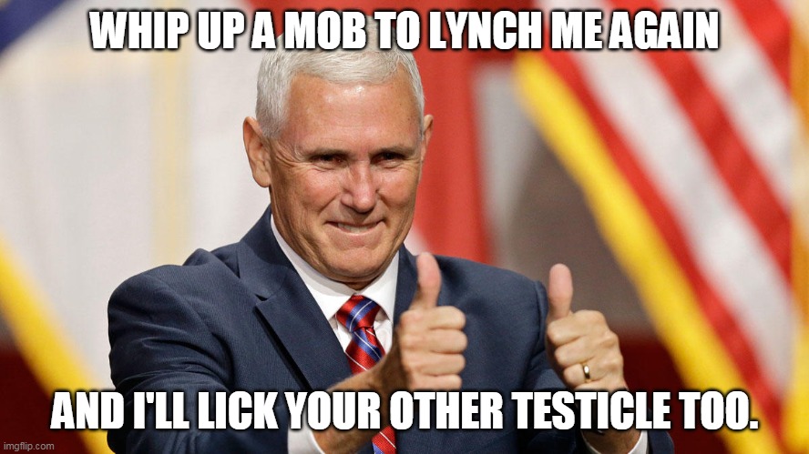 Mike Pence on Lynchings | WHIP UP A MOB TO LYNCH ME AGAIN; AND I'LL LICK YOUR OTHER TESTICLE TOO. | image tagged in mike pence for president | made w/ Imgflip meme maker