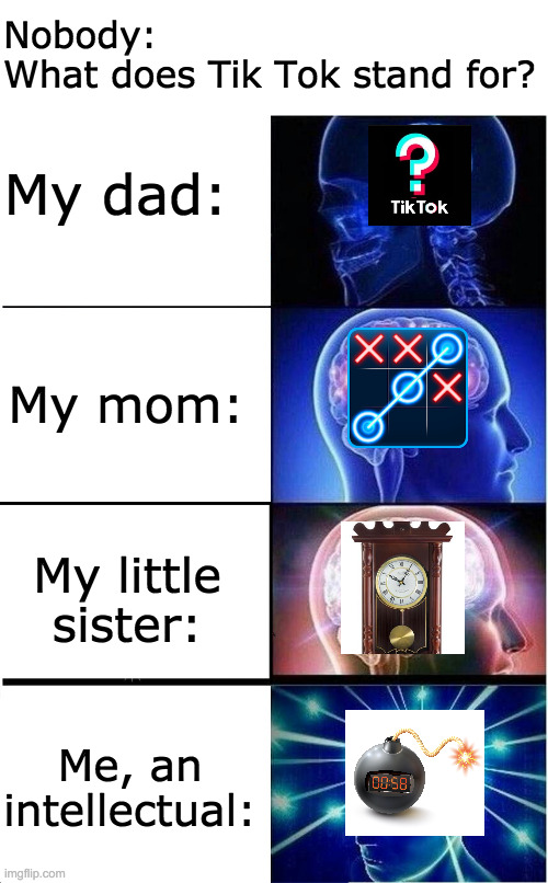 Hope that timer runs out quick | Nobody: 
What does Tik Tok stand for? My dad:; My mom:; My little sister:; Me, an intellectual: | image tagged in memes,expanding brain,tiktok,intelligence | made w/ Imgflip meme maker