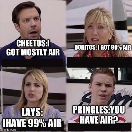 You guys are getting paid template | CHEETOS:I GOT MOSTLY AIR LAYS: IHAVE 99% AIR DORITOS: I GOT 90% AIR PRINGLES:YOU HAVE AIR? | image tagged in you guys are getting paid template | made w/ Imgflip meme maker
