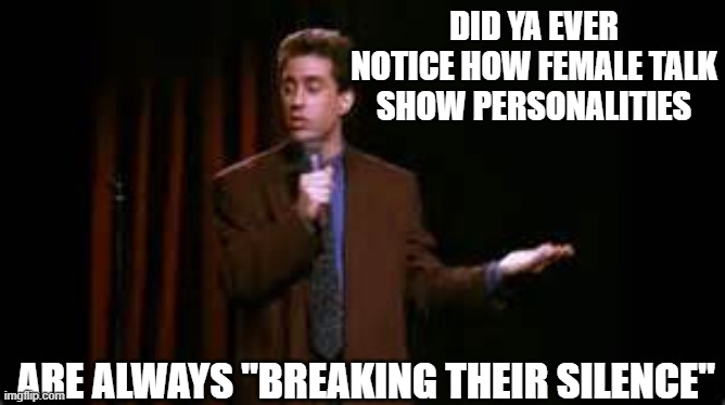 jerry seinfeld stand up | DID YA EVER NOTICE HOW FEMALE TALK SHOW PERSONALITIES; ARE ALWAYS "BREAKING THEIR SILENCE" | image tagged in jerry seinfeld stand up | made w/ Imgflip meme maker