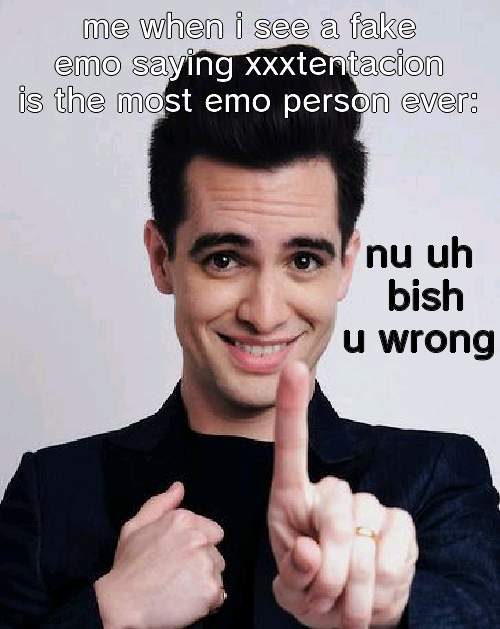damn his forehead nearly off the screen | me when i see a fake emo saying xxxtentacion is the most emo person ever:; nu uh  bish u wrong | image tagged in brendon urie | made w/ Imgflip meme maker