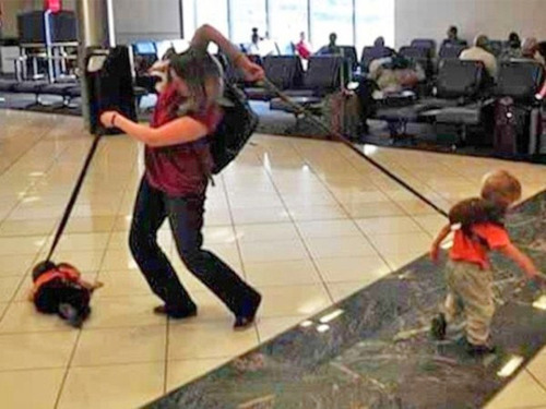 Struggling mom with two kids on leashes Blank Meme Template