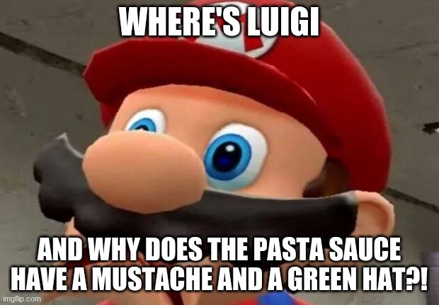 Mario WTF |  WHERE'S LUIGI; AND WHY DOES THE PASTA SAUCE HAVE A MUSTACHE AND A GREEN HAT?! | image tagged in mario wtf | made w/ Imgflip meme maker