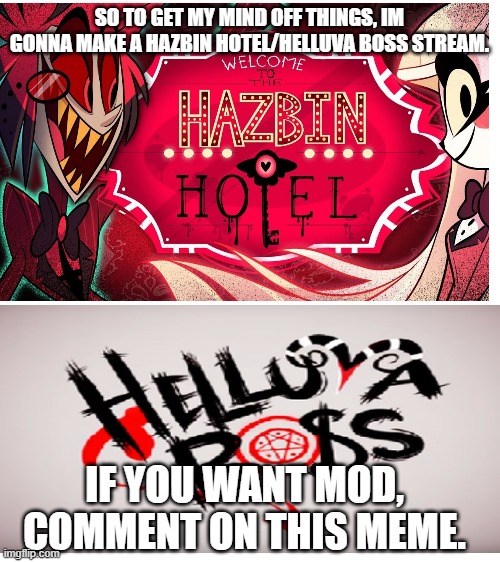 SO TO GET MY MIND OFF THINGS, IM GONNA MAKE A HAZBIN HOTEL/HELLUVA BOSS STREAM. IF YOU WANT MOD, COMMENT ON THIS MEME. | image tagged in blank white template | made w/ Imgflip meme maker