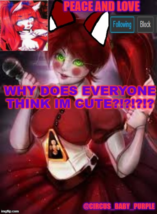 WHY DOES EVERYONE THINK IM CUTE?!?!?!? | image tagged in circus baby furry style | made w/ Imgflip meme maker