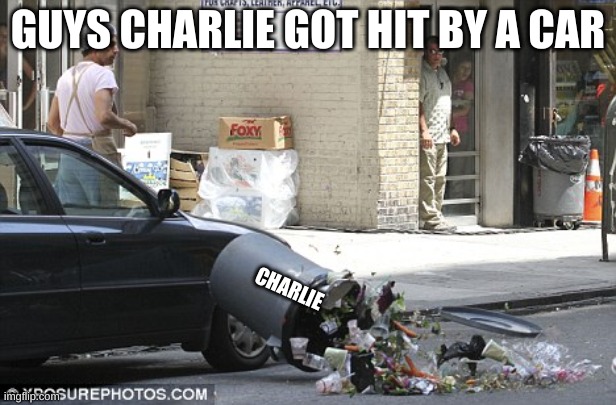 Breakin' news | GUYS CHARLIE GOT HIT BY A CAR; CHARLIE | image tagged in memes,charlie | made w/ Imgflip meme maker