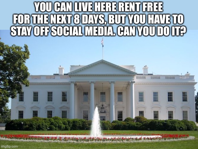 Not a Liberal, but I still found it funny. | YOU CAN LIVE HERE RENT FREE FOR THE NEXT 8 DAYS, BUT YOU HAVE TO STAY OFF SOCIAL MEDIA. CAN YOU DO IT? | image tagged in white house,donald trump,social media,banned,trump,politics | made w/ Imgflip meme maker