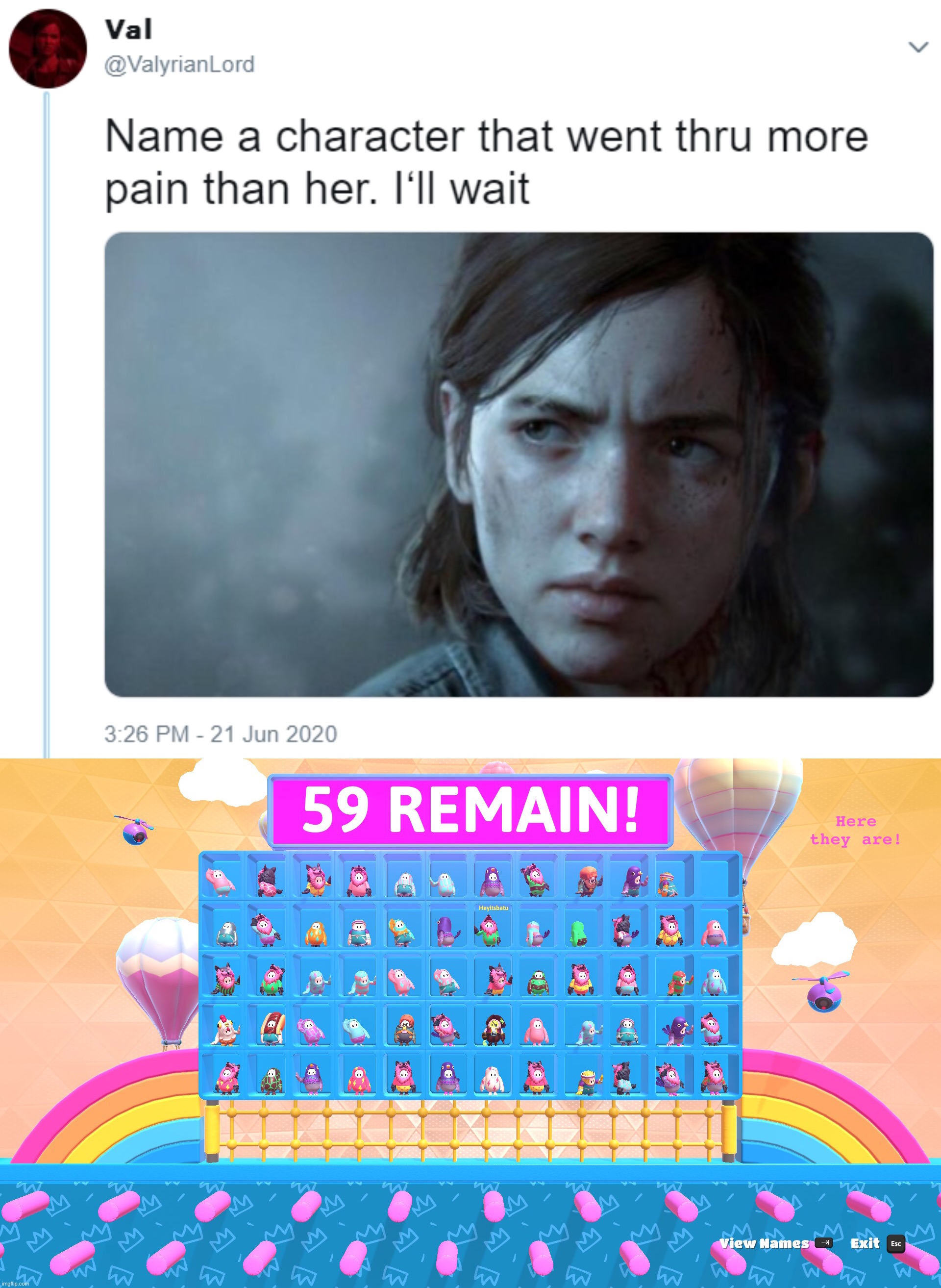 Here
they are! | image tagged in name one character who went through more pain than her,fall guys,gaming,video games,games,online gaming | made w/ Imgflip meme maker