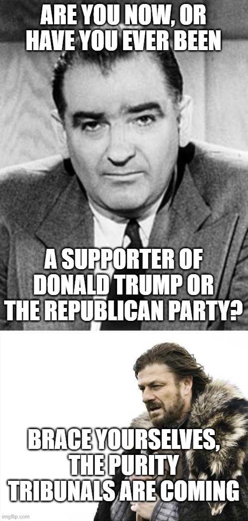 ARE YOU NOW, OR HAVE YOU EVER BEEN; A SUPPORTER OF DONALD TRUMP OR THE REPUBLICAN PARTY? BRACE YOURSELVES, THE PURITY TRIBUNALS ARE COMING | image tagged in joseph mccarthy,memes,brace yourselves x is coming | made w/ Imgflip meme maker