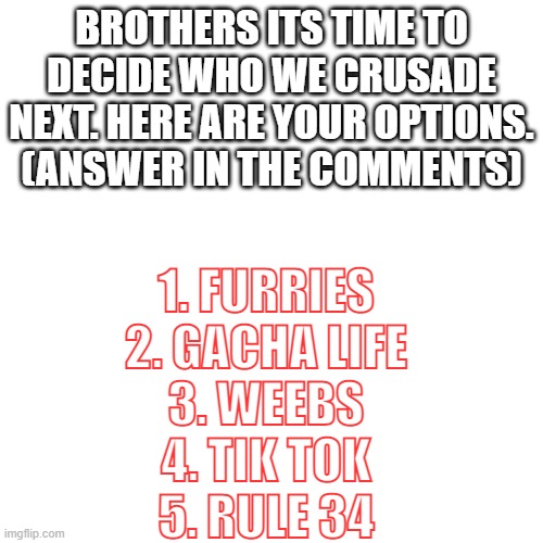 Blank Transparent Square | BROTHERS ITS TIME TO DECIDE WHO WE CRUSADE NEXT. HERE ARE YOUR OPTIONS. (ANSWER IN THE COMMENTS); 1. FURRIES
2. GACHA LIFE
3. WEEBS
4. TIK TOK
5. RULE 34 | image tagged in decisions,crusade,crusader | made w/ Imgflip meme maker