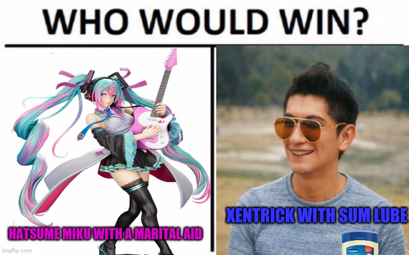 Who Would Win? Meme | HATSUME MIKU WITH A MARITAL AID XENTRICK WITH SUM LUBE | image tagged in memes,who would win | made w/ Imgflip meme maker