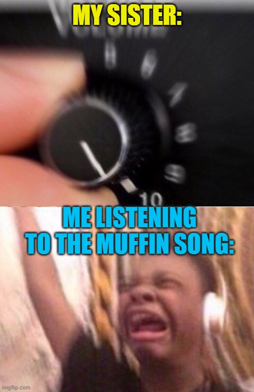 Turn up the volume | MY SISTER:; ME LISTENING TO THE MUFFIN SONG: | image tagged in turn up the volume | made w/ Imgflip meme maker