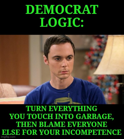 And their sheepish followers compound the problems by continuously voting for the incompetence. | DEMOCRAT LOGIC:; TURN EVERYTHING YOU TOUCH INTO GARBAGE, THEN BLAME EVERYONE ELSE FOR YOUR INCOMPETENCE | image tagged in sheldon logic,democratic socialism | made w/ Imgflip meme maker