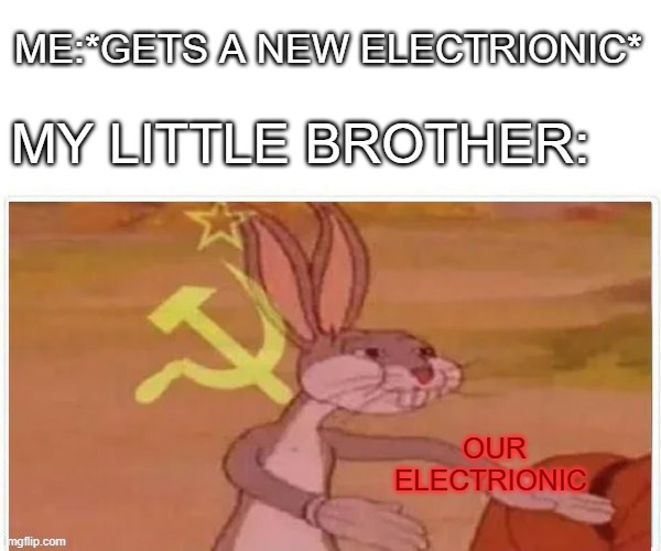 communist bugs bunny | ME:*GETS A NEW ELECTRIONIC*; MY LITTLE BROTHER:; OUR ELECTRIONIC | image tagged in communist bugs bunny | made w/ Imgflip meme maker