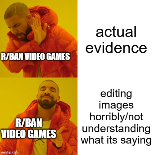the subreddit makes me so angry i almost cried | actual evidence; R/BAN VIDEO GAMES; editing images horribly/not understanding what its saying; R/BAN VIDEO GAMES | image tagged in memes,drake hotline bling,gifs,pie charts,ha ha tags go brr | made w/ Imgflip meme maker