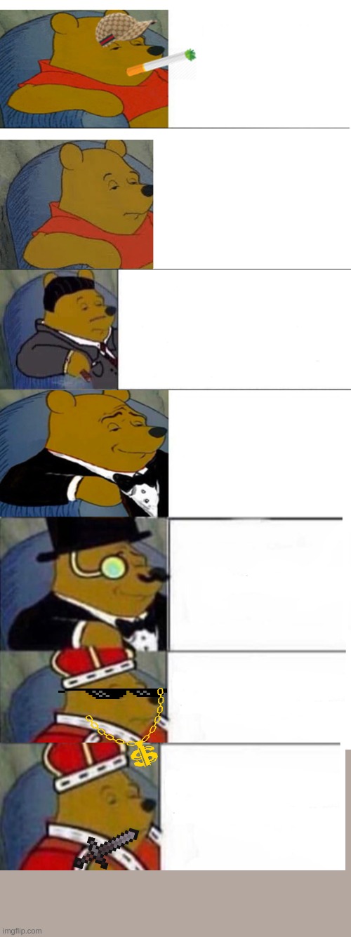 Winnie the pooh (7 panel) | image tagged in memes,tuxedo winnie the pooh | made w/ Imgflip meme maker