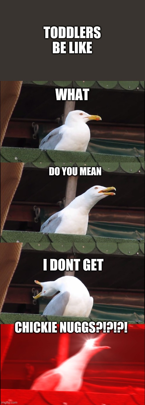 Inhaling Seagull | TODDLERS BE LIKE; WHAT; DO YOU MEAN; I DONT GET; CHICKIE NUGGS?!?!?! | image tagged in memes,inhaling seagull | made w/ Imgflip meme maker