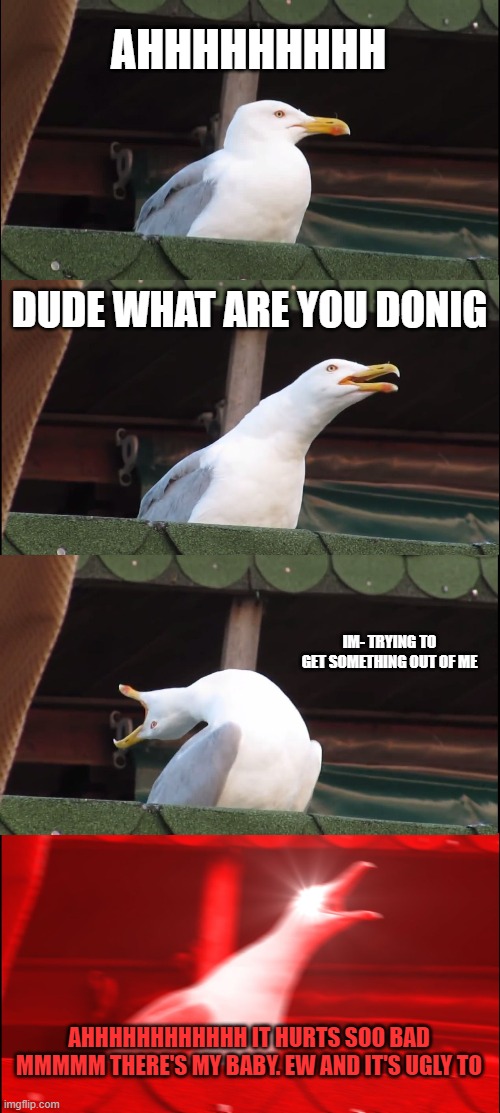 Inhaling Seagull | AHHHHHHHHH; DUDE WHAT ARE YOU DONIG; IM- TRYING TO GET SOMETHING OUT OF ME; AHHHHHHHHHHHH IT HURTS SOO BAD MMMMM THERE'S MY BABY. EW AND IT'S UGLY TO | image tagged in memes,inhaling seagull | made w/ Imgflip meme maker
