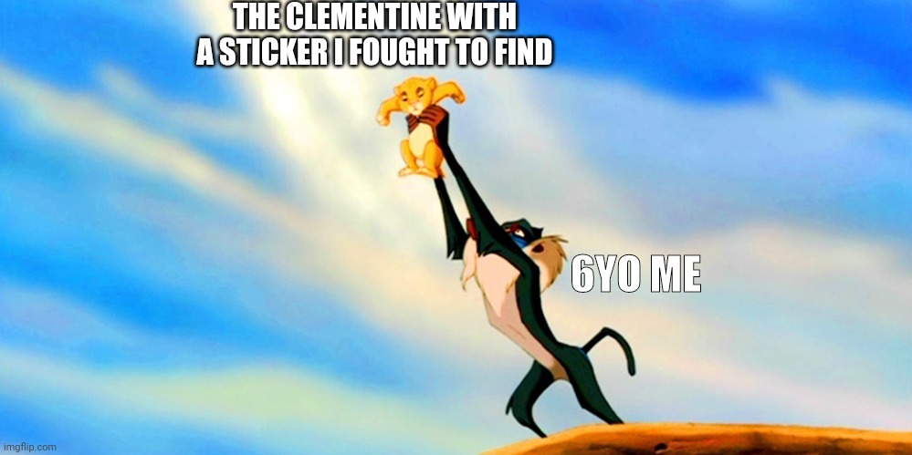 THE CLEMENTINE WITH A STICKER I FOUGHT TO FIND; 6YO ME | image tagged in simba,memes,so true | made w/ Imgflip meme maker