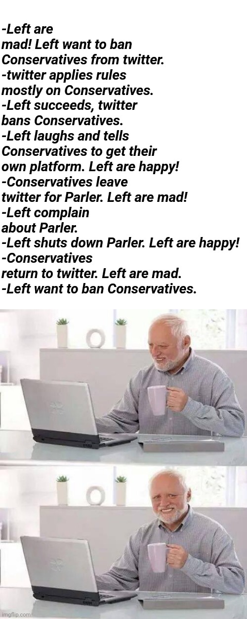 So you just dont want your opposition to communicate? | -Left are mad! Left want to ban Conservatives from twitter.
-twitter applies rules mostly on Conservatives. 
-Left succeeds, twitter bans Conservatives. 
-Left laughs and tells Conservatives to get their own platform. Left are happy!
-Conservatives leave twitter for Parler. Left are mad!
-Left complain about Parler.
-Left shuts down Parler. Left are happy!
-Conservatives return to twitter. Left are mad.
-Left want to ban Conservatives. | image tagged in blank white template,memes,hide the pain harold | made w/ Imgflip meme maker