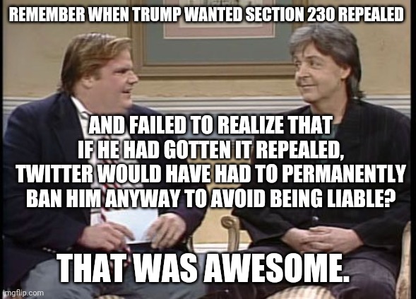 I'm sure the irony would have been completely lost on him. | REMEMBER WHEN TRUMP WANTED SECTION 230 REPEALED; AND FAILED TO REALIZE THAT IF HE HAD GOTTEN IT REPEALED, TWITTER WOULD HAVE HAD TO PERMANENTLY BAN HIM ANYWAY TO AVOID BEING LIABLE? THAT WAS AWESOME. | image tagged in chris farley show,trump | made w/ Imgflip meme maker