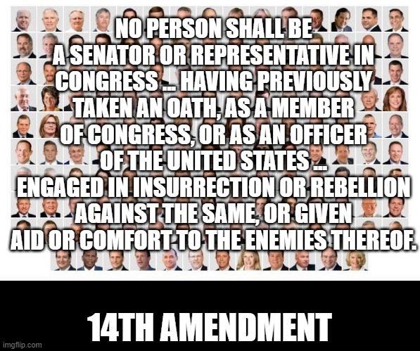 The 14th Amendment says you can't be in Congress anymore | NO PERSON SHALL BE A SENATOR OR REPRESENTATIVE IN CONGRESS ... HAVING PREVIOUSLY TAKEN AN OATH, AS A MEMBER OF CONGRESS, OR AS AN OFFICER OF THE UNITED STATES ... ENGAGED IN INSURRECTION OR REBELLION AGAINST THE SAME, OR GIVEN AID OR COMFORT TO THE ENEMIES THEREOF. 14TH AMENDMENT | image tagged in traitors,republicans,terrorists | made w/ Imgflip meme maker