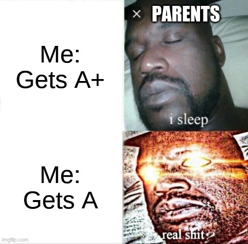 True though | Me: Gets A+; PARENTS; Me:
Gets A | image tagged in memes,sleeping shaq | made w/ Imgflip meme maker