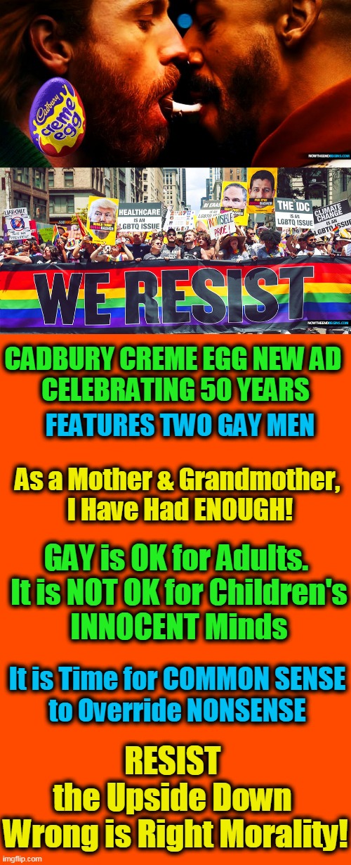 Adults Must Protect Children's Innocence From IN YOUR FACE Gay Agenda | CADBURY CREME EGG NEW AD 
CELEBRATING 50 YEARS; FEATURES TWO GAY MEN; As a Mother & Grandmother, 
I Have Had ENOUGH! GAY is OK for Adults. 
It is NOT OK for Children's
INNOCENT Minds; It is Time for COMMON SENSE
to Override NONSENSE; RESIST 
the Upside Down 
Wrong is Right Morality! | image tagged in politics,democratic socialism,liberalism,in your face,innocence,children | made w/ Imgflip meme maker
