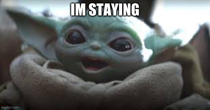 YAY | IM STAYING | image tagged in yay,baby yoda | made w/ Imgflip meme maker