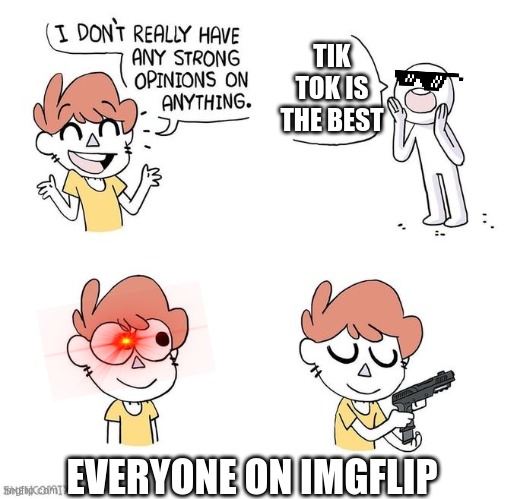 :) | TIK TOK IS THE BEST; EVERYONE ON IMGFLIP | image tagged in i don't really have strong opinions,tik tok sucks | made w/ Imgflip meme maker