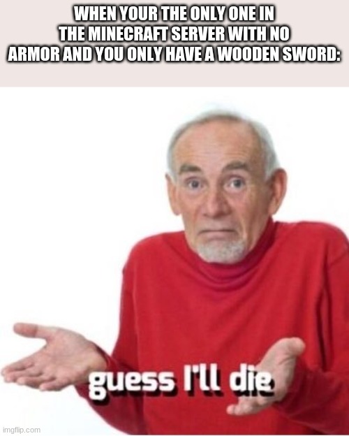 *Place shruggie here* | WHEN YOUR THE ONLY ONE IN THE MINECRAFT SERVER WITH NO ARMOR AND YOU ONLY HAVE A WOODEN SWORD: | image tagged in guess i'll die | made w/ Imgflip meme maker