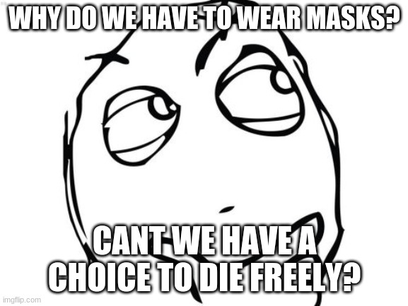 Question Rage Face | WHY DO WE HAVE TO WEAR MASKS? CANT WE HAVE A CHOICE TO DIE FREELY? | image tagged in memes,question rage face | made w/ Imgflip meme maker