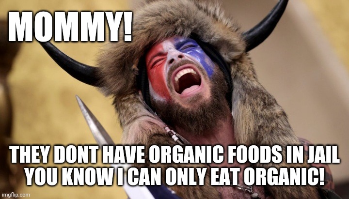"He gets sick if he doesn't eat organic." | MOMMY! THEY DONT HAVE ORGANIC FOODS IN JAIL
YOU KNOW I CAN ONLY EAT ORGANIC! | image tagged in q,shaman | made w/ Imgflip meme maker