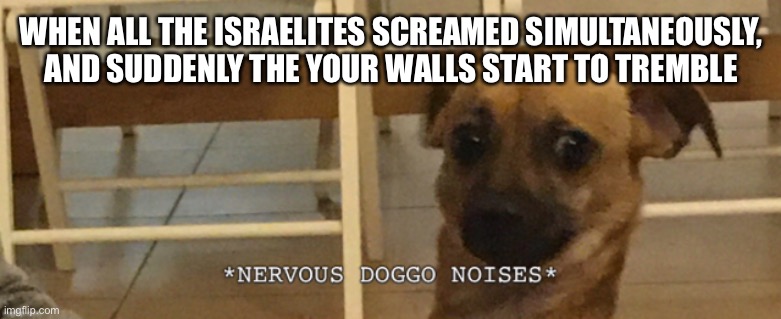 Nervous doggo noises | WHEN ALL THE ISRAELITES SCREAMED SIMULTANEOUSLY, AND SUDDENLY THE YOUR WALLS START TO TREMBLE | image tagged in nervous doggo noises | made w/ Imgflip meme maker