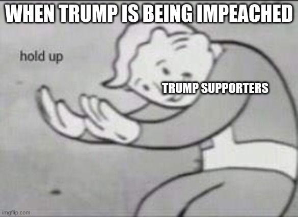 he got what he got | WHEN TRUMP IS BEING IMPEACHED; TRUMP SUPPORTERS | image tagged in fallout hold up | made w/ Imgflip meme maker
