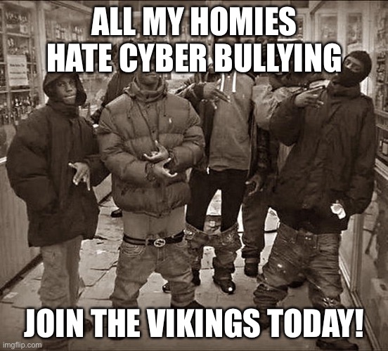 All My Homies Hate | ALL MY HOMIES HATE CYBER BULLYING; JOIN THE VIKINGS TODAY! | image tagged in all my homies hate | made w/ Imgflip meme maker