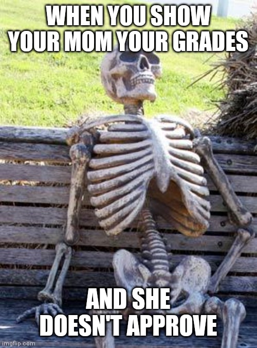 Waiting Skeleton Meme | WHEN YOU SHOW YOUR MOM YOUR GRADES; AND SHE DOESN'T APPROVE | image tagged in memes,waiting skeleton | made w/ Imgflip meme maker