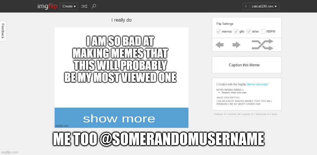 Me too | ME TOO @SOMERANDOMUSERNAME | image tagged in why | made w/ Imgflip meme maker