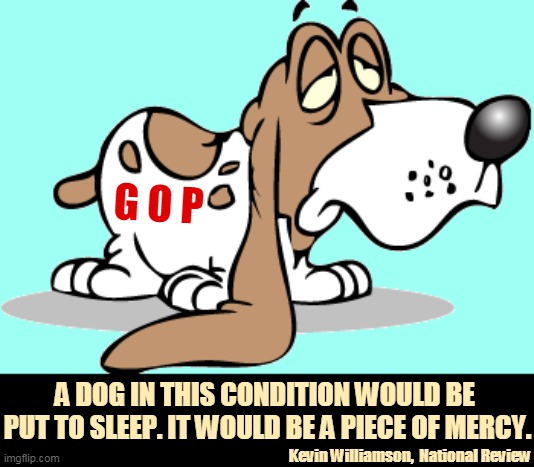 The National Review is a conservative magazine, founded by William F. Buckley | G O P; A DOG IN THIS CONDITION WOULD BE 
PUT TO SLEEP. IT WOULD BE A PIECE OF MERCY. Kevin Williamson,  National Review | image tagged in gop,republican party,sick,dog,put,down | made w/ Imgflip meme maker