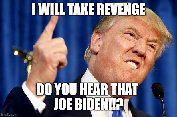 Donald Trump | I WILL TAKE REVENGE; DO YOU HEAR THAT 
JOE BIDEN!!? | image tagged in donald trump | made w/ Imgflip meme maker